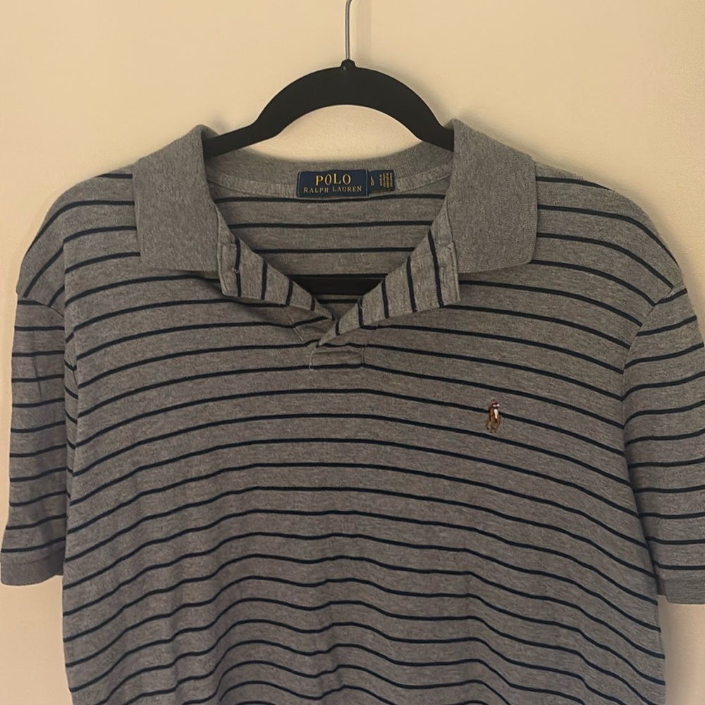 Gray and black striped large Polo golf shirt.
